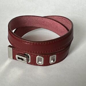 Fossil Red Leather Wrap Bracelet Silver Tone Buckle Stud Adjustable Boho Western